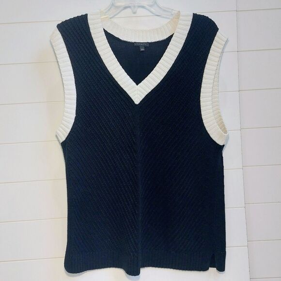 Talbots Linen Blend Sweater Vest Women's Size Large Black Cream Trim Tight Knit - Picture 2 of 7